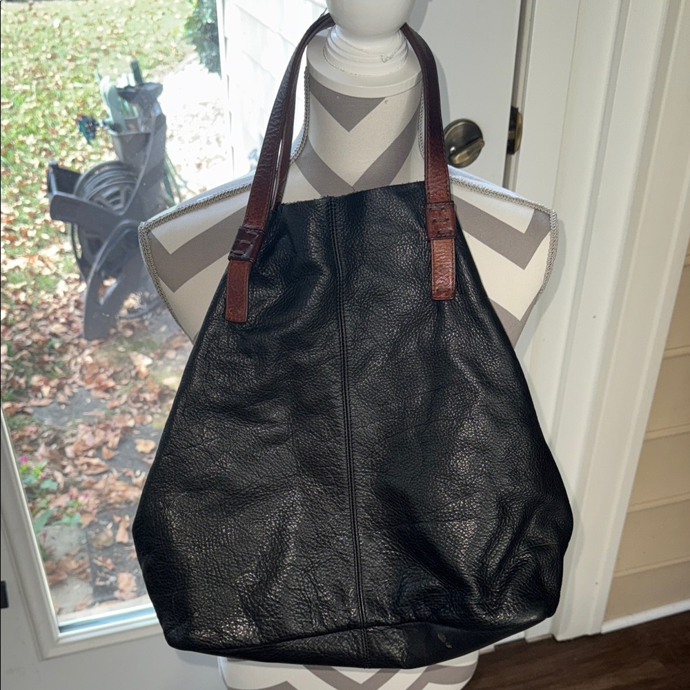Black Leather Tote with Brown Straps